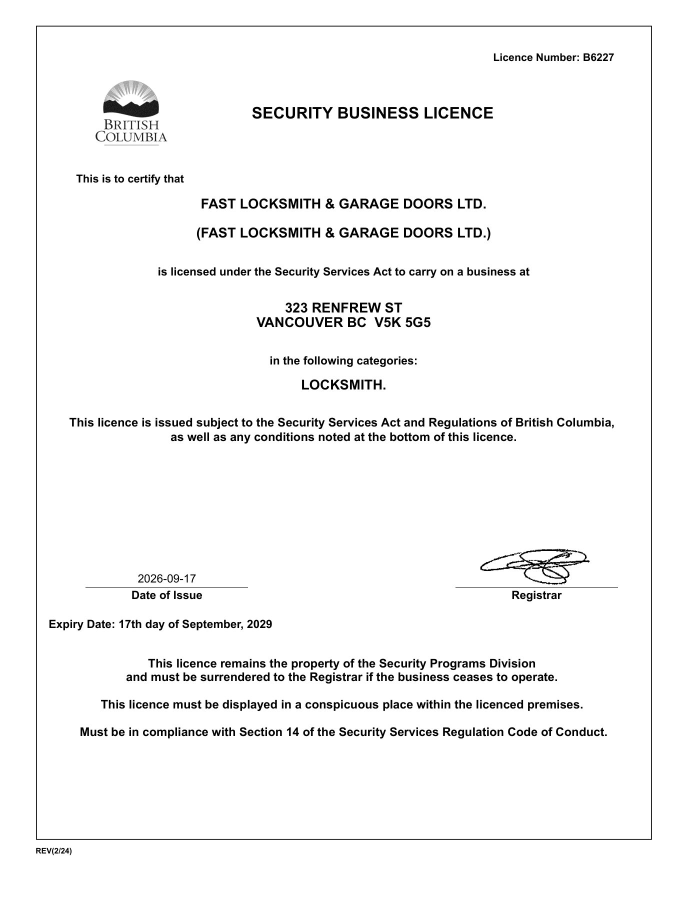 BC Security Business Licence B6227 for Fast Locksmith & Garage Doors Ltd.